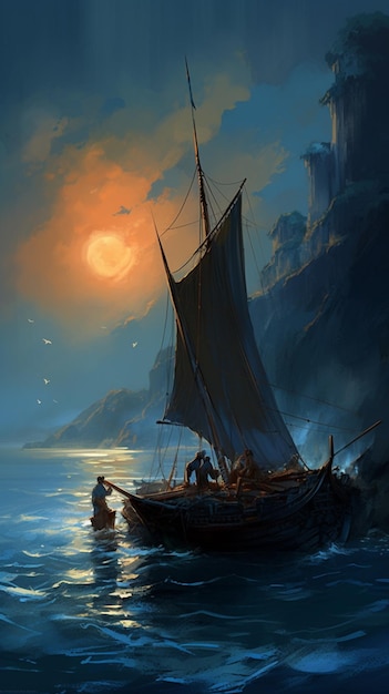 A painting of a boat with a moon in the background