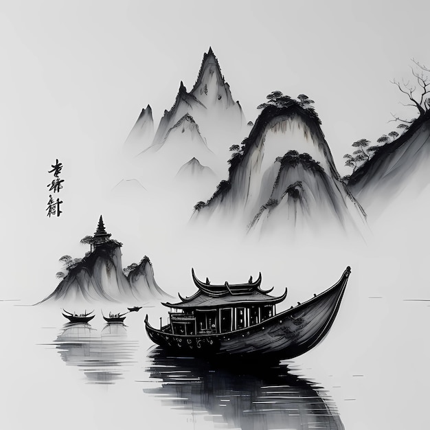 A painting of a boat with a mountain in the background.