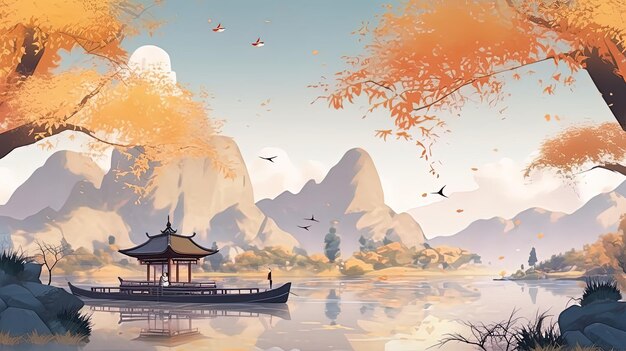 a painting of a boat with a pagoda on the water and a bridge with birds flying in the sky