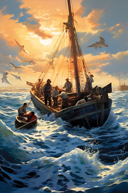 a painting of a boat with people on it