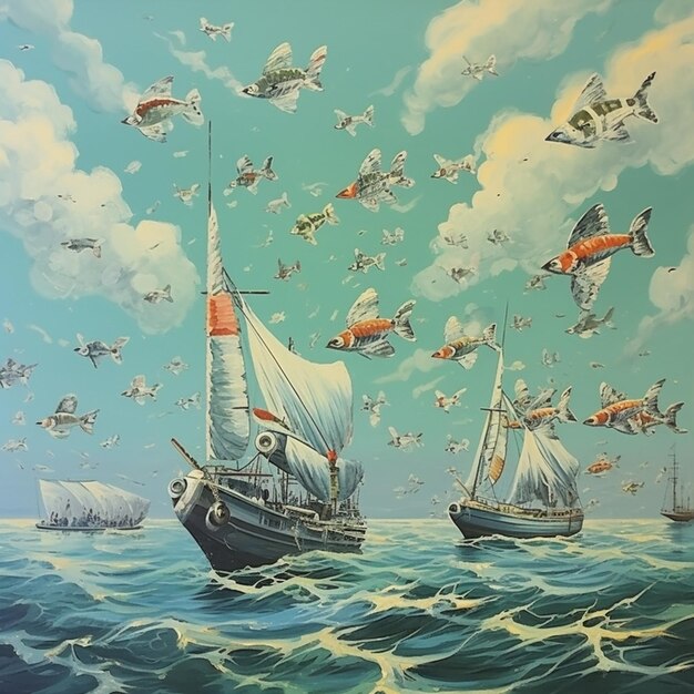 Painting of a boat with a red sail surrounded by many fish generative ai