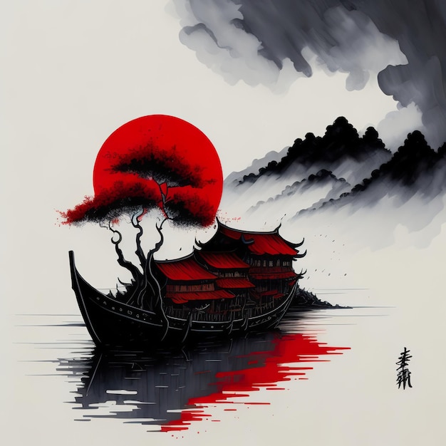 A painting of a boat with a red sun and the words " hibi " on it.