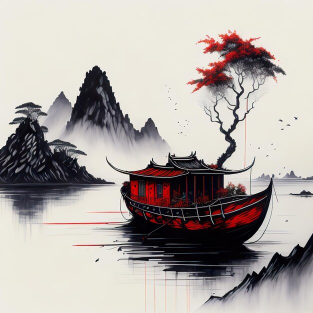 A painting of a boat with a tree on the top of it