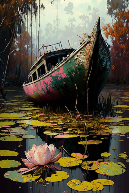 A painting of a boat with a water lily on it