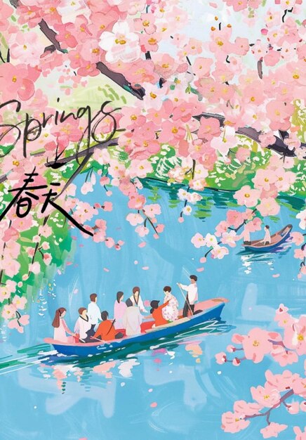 a painting of a boat with the word spring written on it