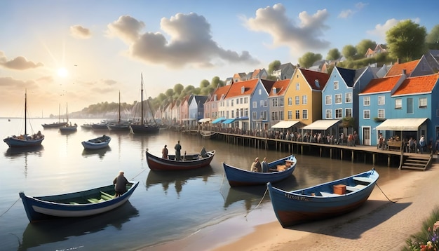 Photo a painting of boats in a harbor with houses on the water