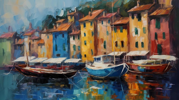 A painting of boats in a harbor