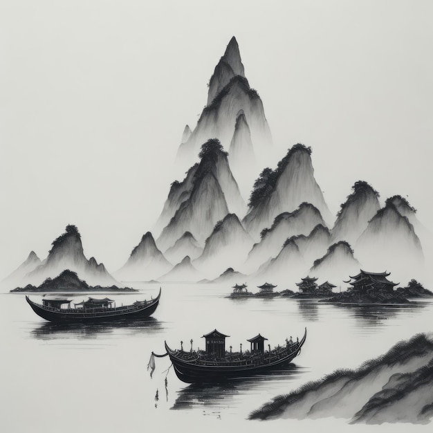 A painting of boats in a lake with mountains in the background.