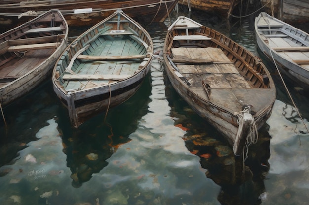 A painting of boats in the water with goldfish in the background.