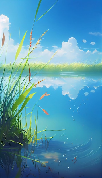 Painting of a body of water surrounded by grass generative ai