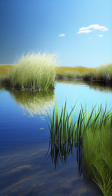 Painting of a body of water surrounded by grass generative ai
