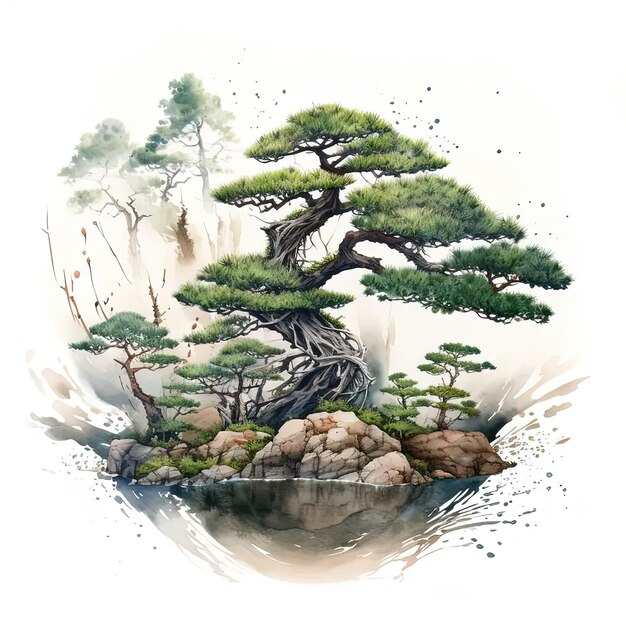 Foto un dipinto di un albero bonsai su uno sfondo bianco