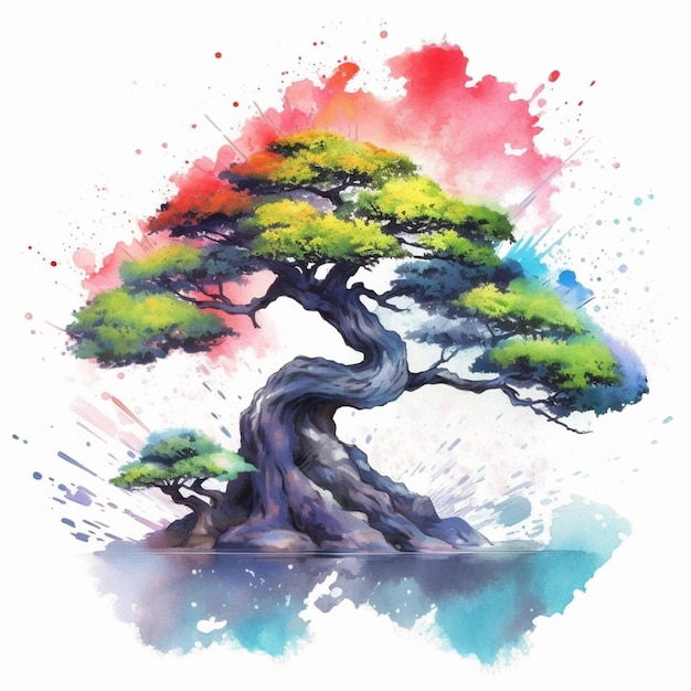 A painting of a bonsai tree with a colorful sky background generative ai