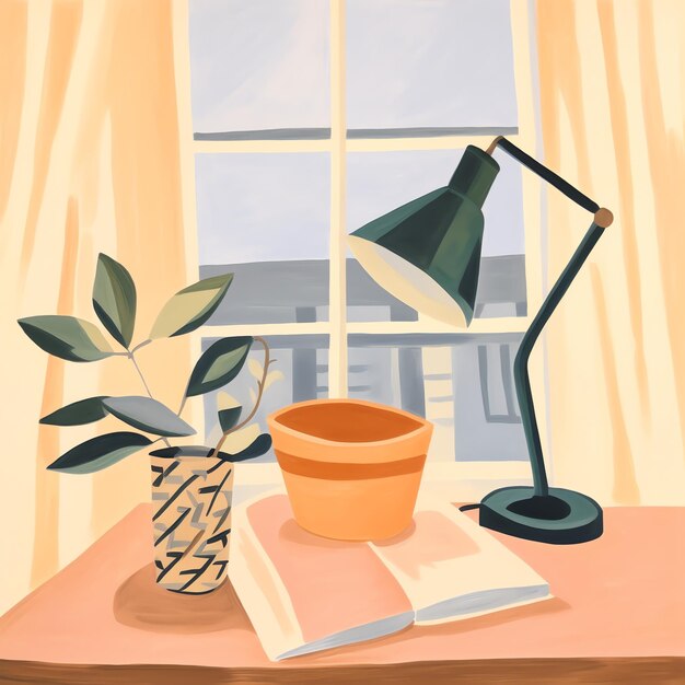 Photo a painting of a book and a plant on a table