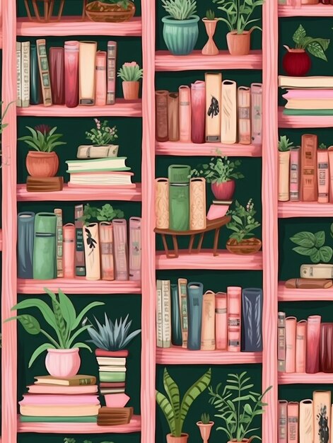 Photo a painting of a book shelf with books and plants on it generative ai