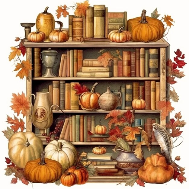 A painting of a book shelf with pumpkins and other fall decorations generative ai