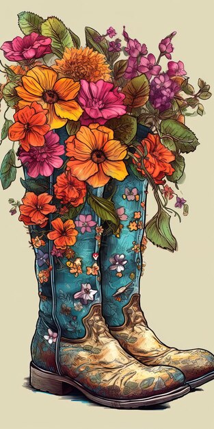 a painting of a boot with flowers and leaves