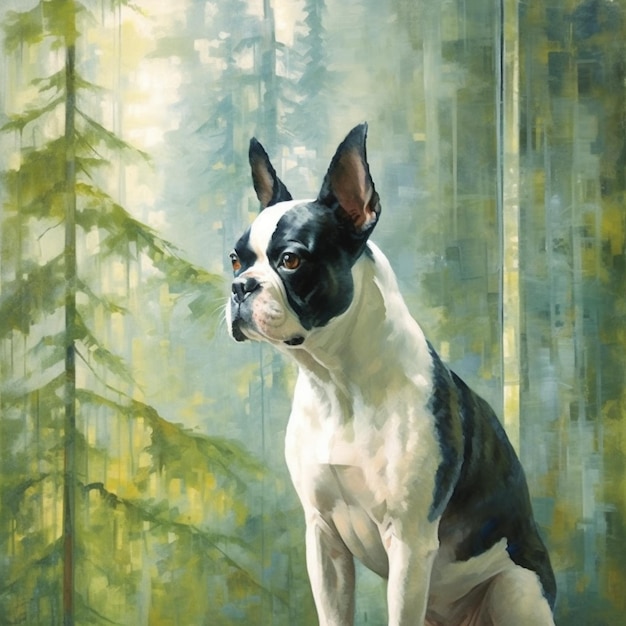 Photo painting of a boston terrier sitting in a forest with trees generative ai