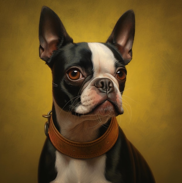 A painting of a boston terrier with a collar