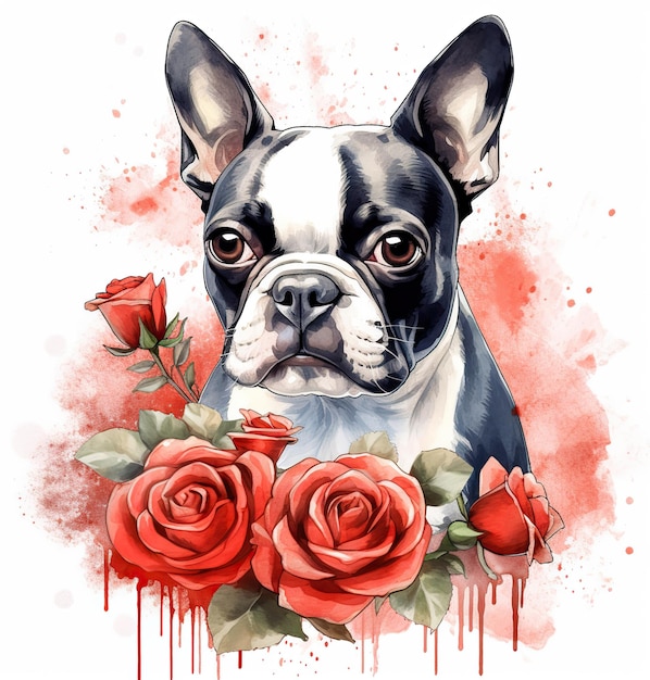 Foto un dipinto di un boston terrier con rose rosse.