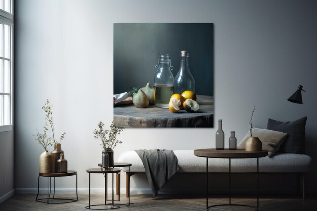 A painting of a bottle of lemons and a bottle of oil on a wooden table.