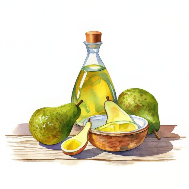 A painting of a bottle of pear oil with the top of it and three pears on the top.