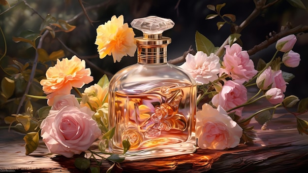 A painting of a bottle of perfume surrounded by flowers