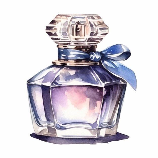 a painting of a bottle of perfume with a blue bow generative ai