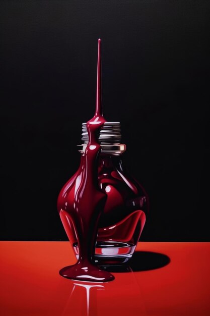 A painting of a bottle of red nail polish with a red liquid coming out of it.