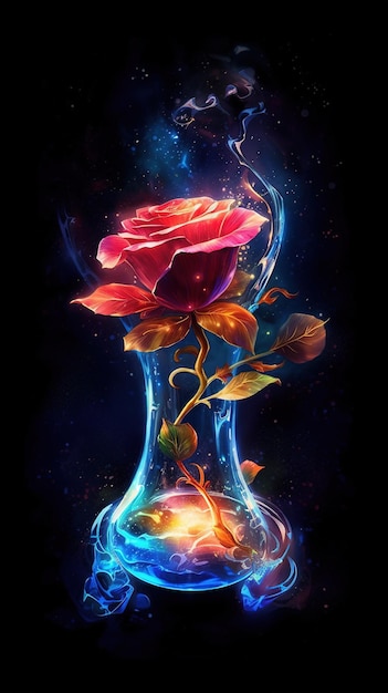 A painting of a bottle of roses with a flame on it.