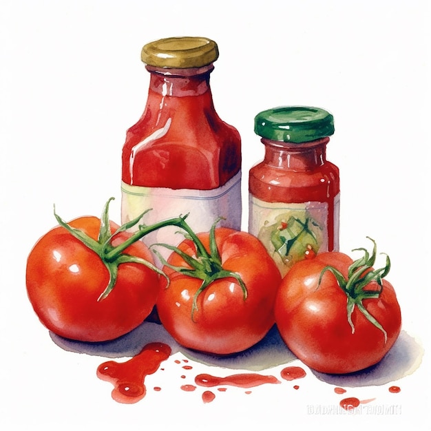 A painting of a bottle of tomato sauce and two bottles of tomato sauce.