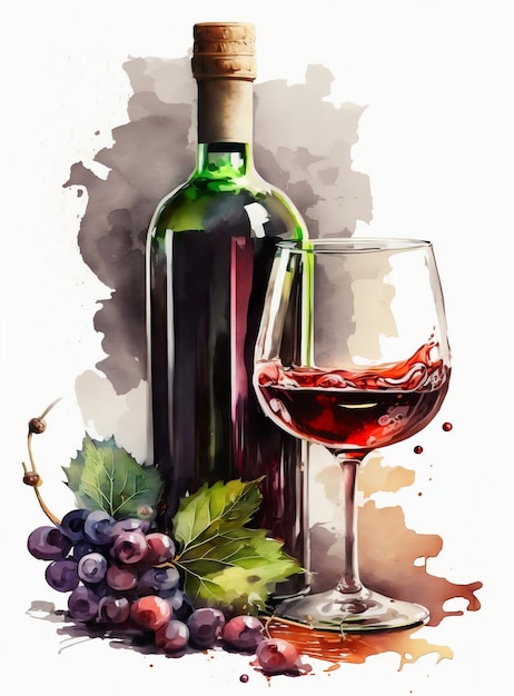 A painting of a bottle of wine and a glass of red wine.