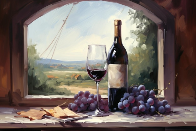 A painting of a bottle of wine and a glass of wine ai