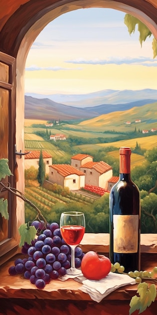 Photo painting of a bottle of wine and a glass of wine on a table generative ai