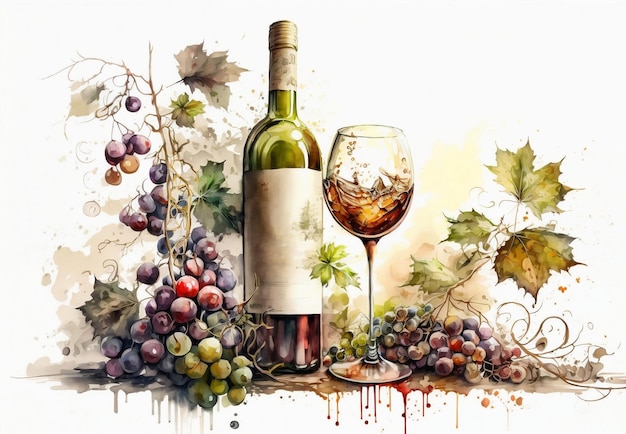 와인 한 병과 와인 잔의 그림.