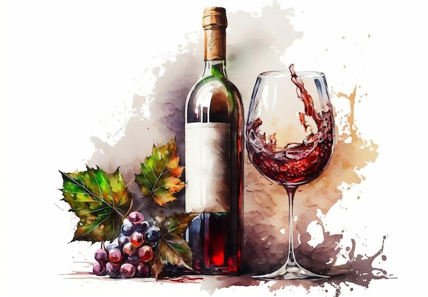 와인 한 병과 와인 잔의 그림.