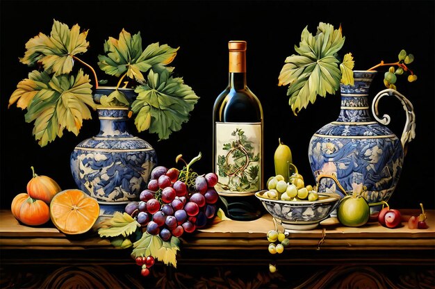 a painting of a bottle of wine and grapes with a bottle of wine