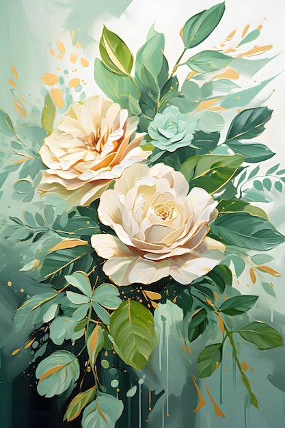 a painting of a bouquet of flowers on a green background Gouache Painting of a Green color flower