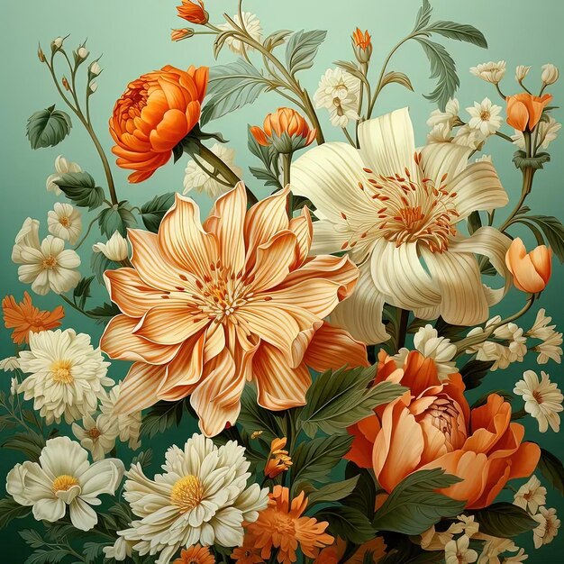 A painting of a bouquet of flowers on a green background