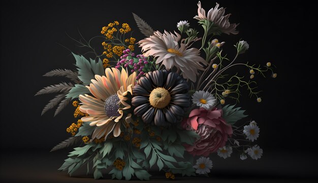 A painting of a bouquet of flowers with a black background.