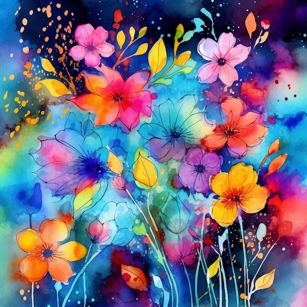Painting of a bouquet of flowers with a blue background generative ai