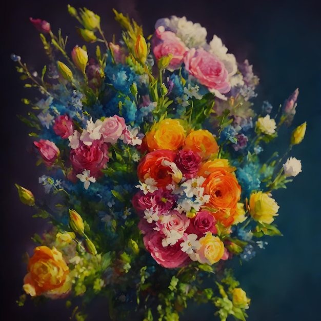 A painting of a bouquet of flowers with a blue background.