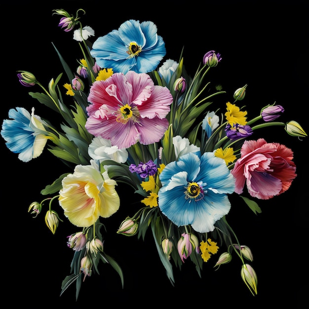 A painting of a bouquet of flowers with a bunch of flowers on it.