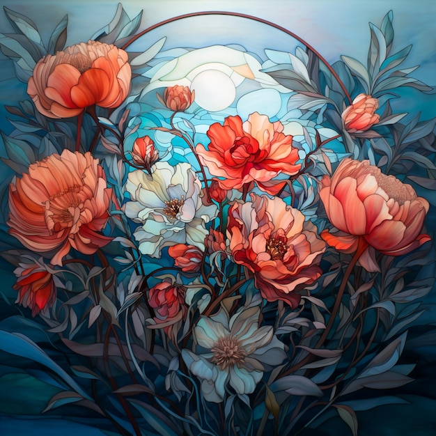 Painting of a bouquet of flowers with a full moon in the background generative ai