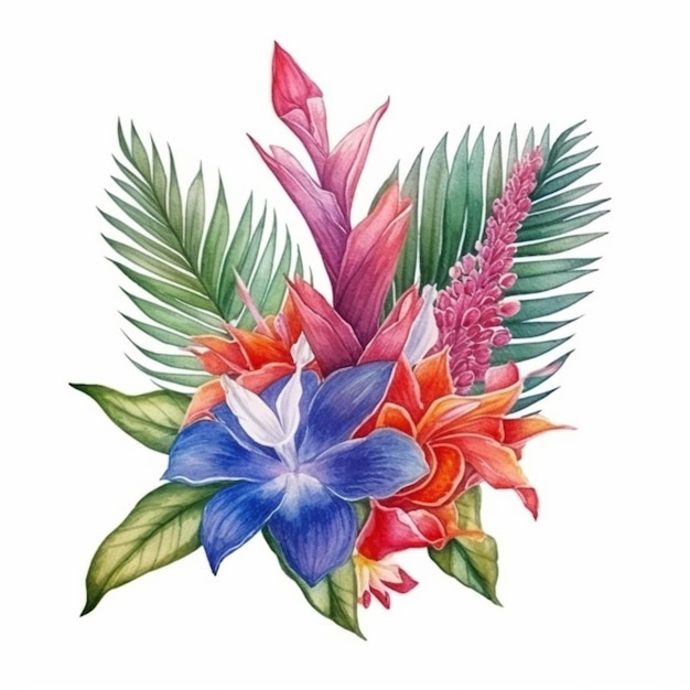 Картина букета цветов с листьями и цветами