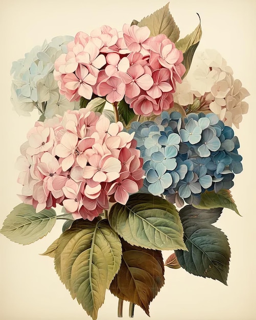 A painting of a bouquet of flowers with leaves