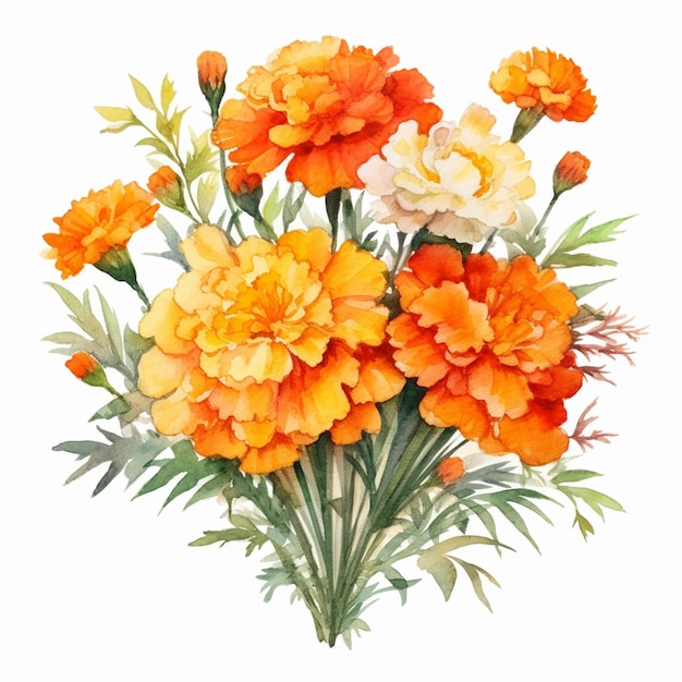 A painting of a bouquet of flowers with orange and yellow flowers.