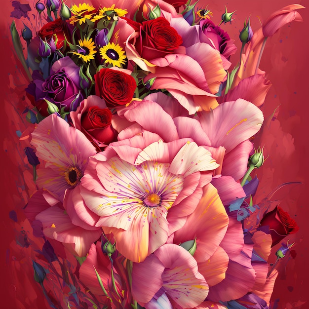 A painting of a bouquet of flowers with a pink background.