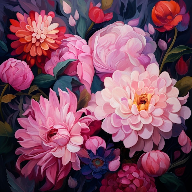 painting of a bouquet of flowers with pink and red flowers generative ai