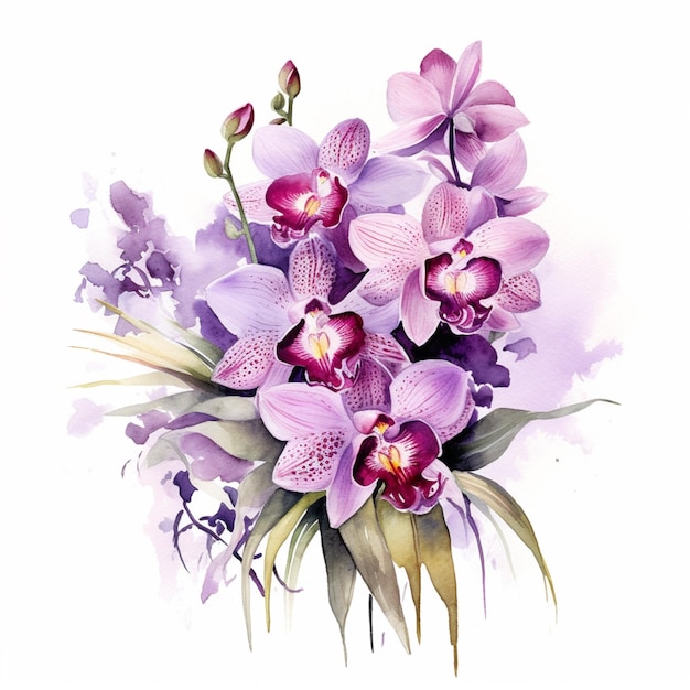 A painting of a bouquet of flowers with purple and pink flowers.